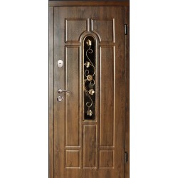 Двери входные Арка со стеклом и ковкой Дуб бронзовый